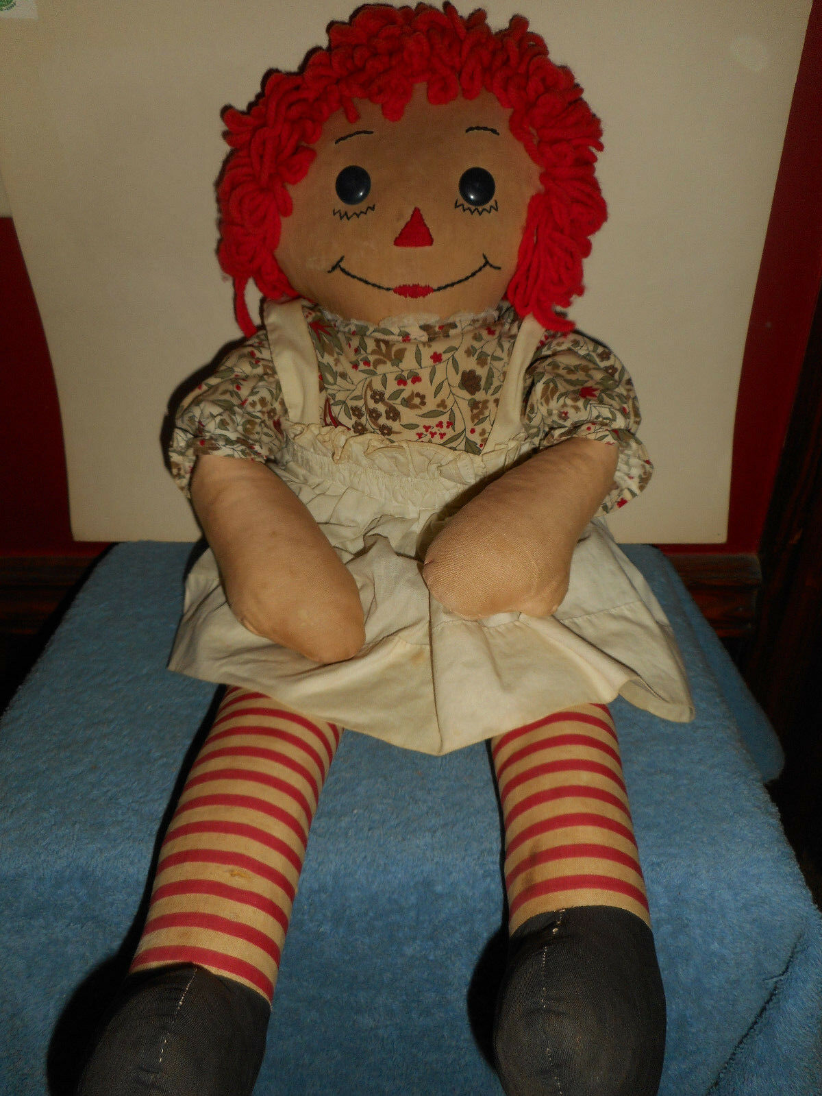 Vintage 1950's RAGGEDY ANN Doll 23" Hand Embroidered Face Black Button Eyes