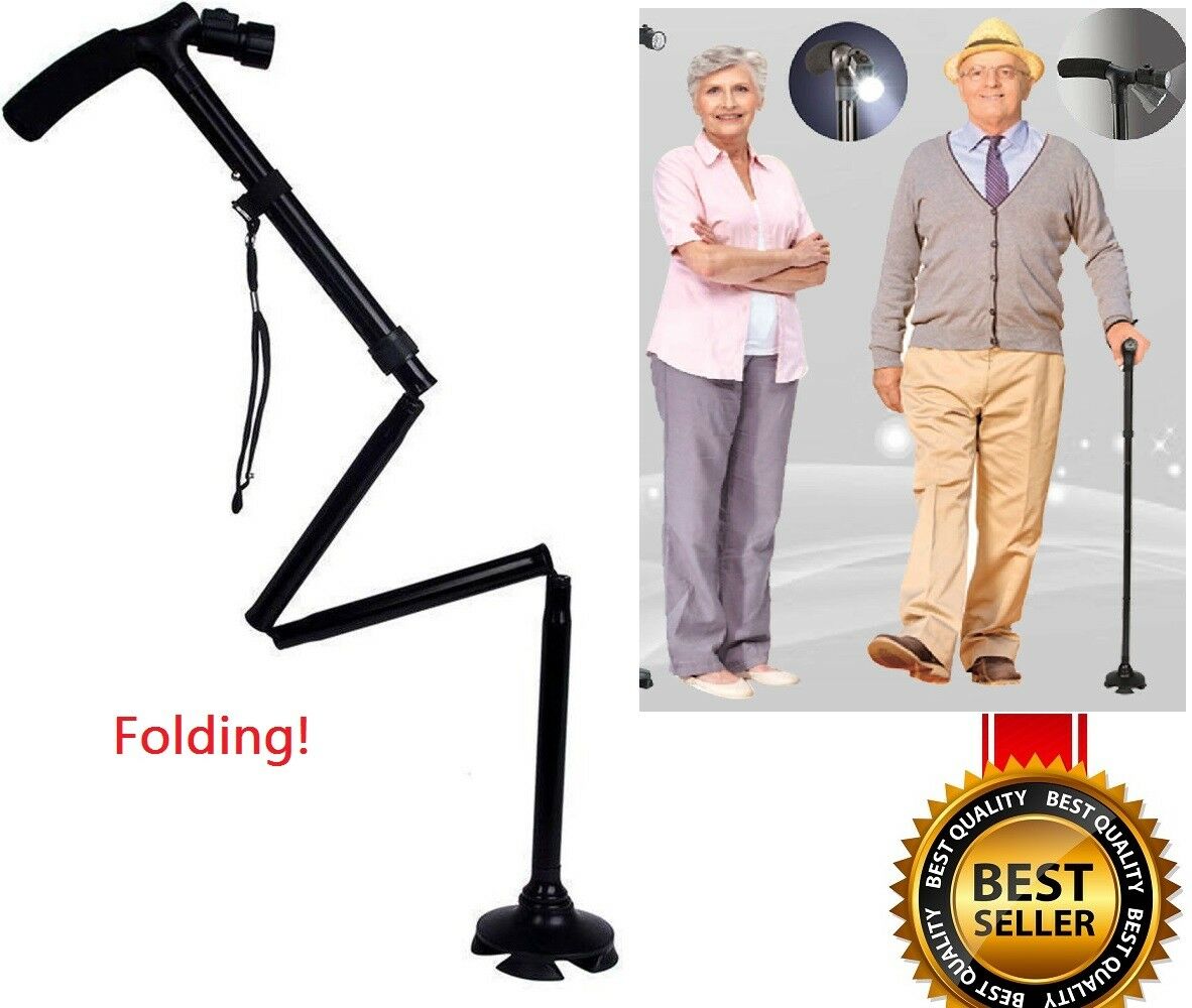 Magic cane Folding LED Safety Walking Stick 4 Head Pivoting Trusty Black