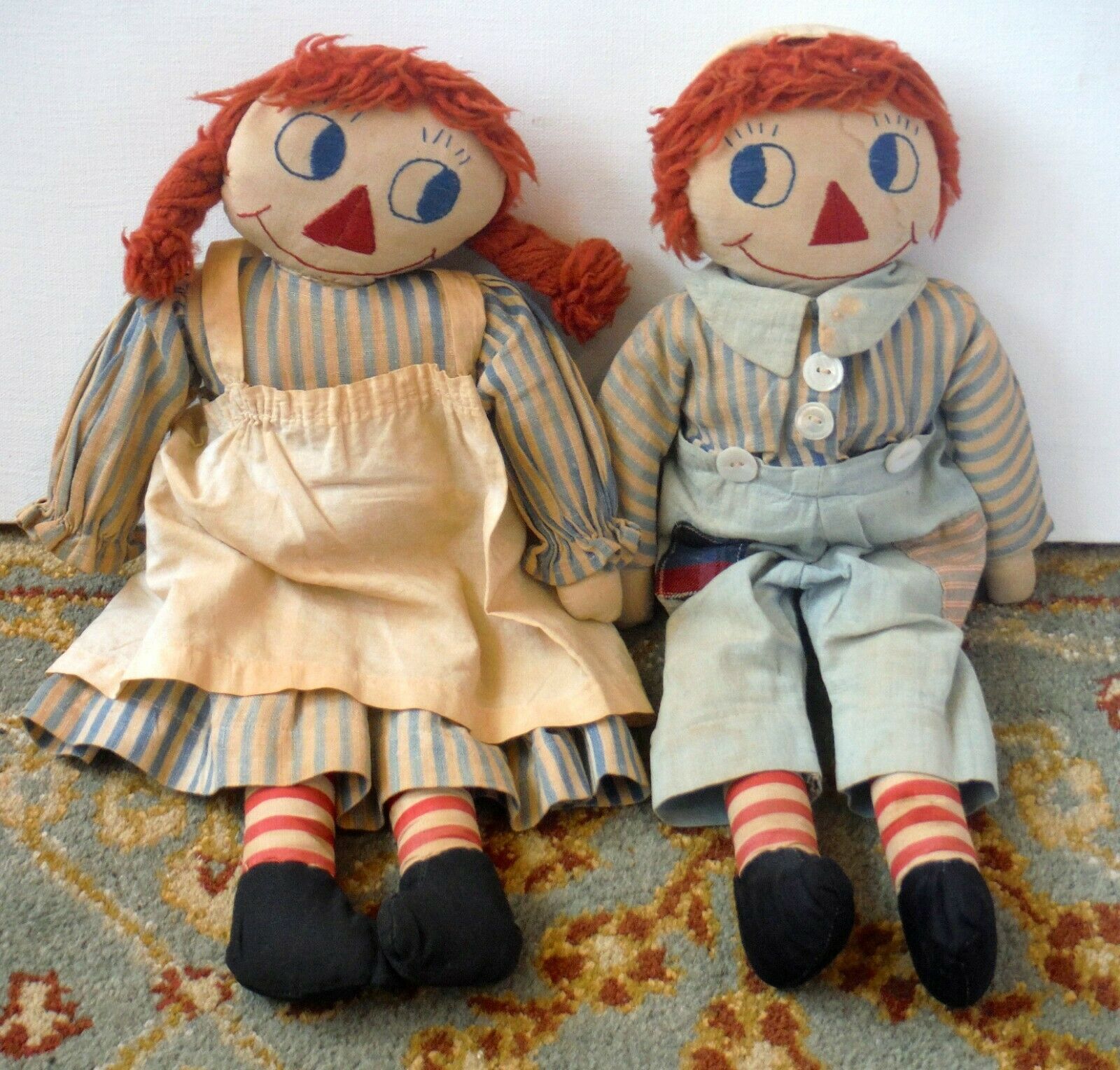 Vintage Pair Raggedy Ann & Andy Doll with Embroidered Face 15" P1373
