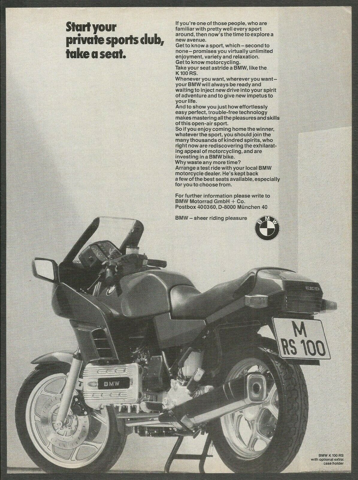 BMW K 100 RS Motorcycle - 1984 Vintage Print Ad